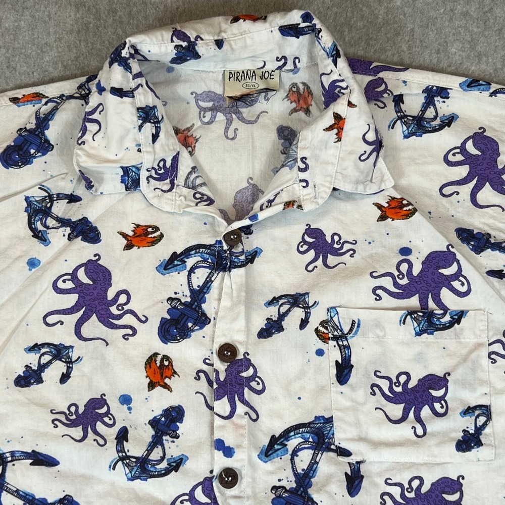 Pirana Joe Octopus Anchor Hawaiian Shirt Mens XL Nautical Button Up Tropical